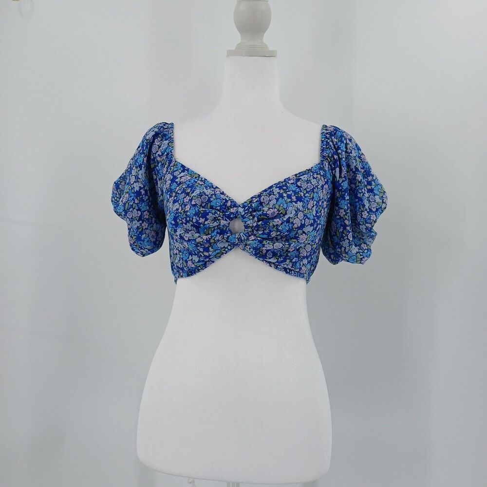 Wild Fable Cropped Blouse Top Womens S Blue Floral Cottagecore Aesthetic